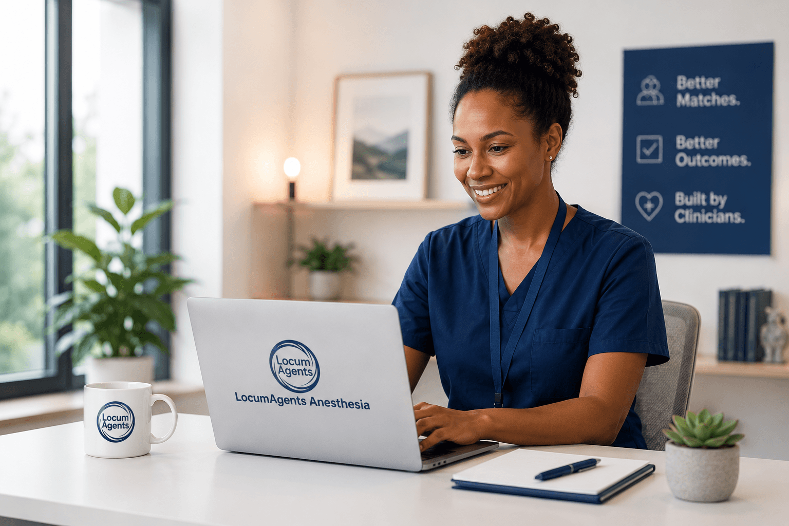 Smiling clinician in navy scrubs working at a laptop bearing the Locum Agents Anesthesia logo, beside a poster reading “Better matches. Better outcomes. Built by clinicians.”